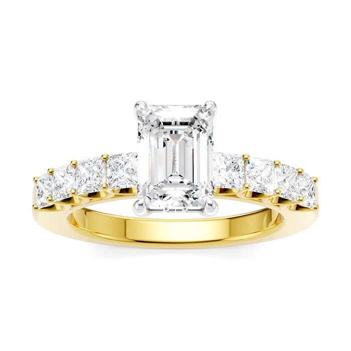7/8 Ctw Emerald Shape Princess and Round Cut Diamond Semi-Mount Engagement Ring in 14K Yellow and White Gold