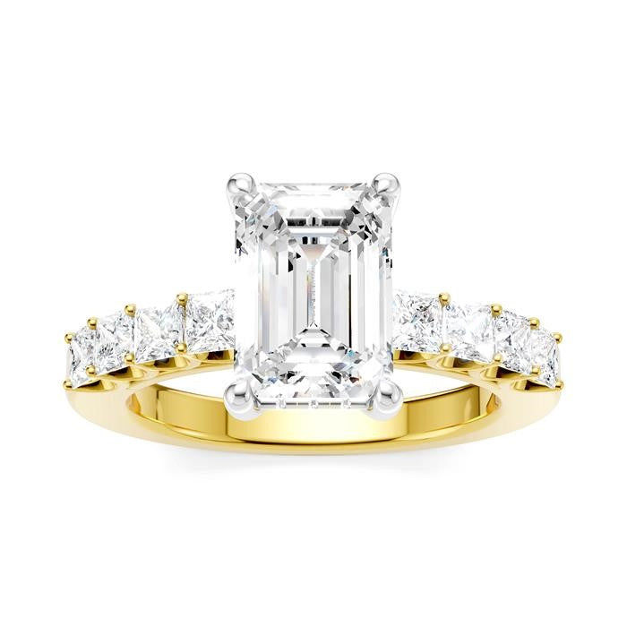 7/8 Ctw Emerald Shape Princess and Round Cut Diamond Semi-Mount Engagement Ring in 14K Yellow and White Gold