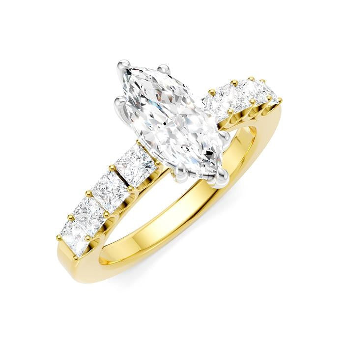 7/8 Ctw Marquise Shape Princess and Round Cut Diamond Semi-Mount Engagement Ring in 14K Yellow and White Gold