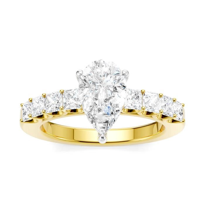 7/8 Ctw Pear Shape Princess and Round Cut Diamond Semi-Mount Engagement Ring in 14K Yellow and White Gold