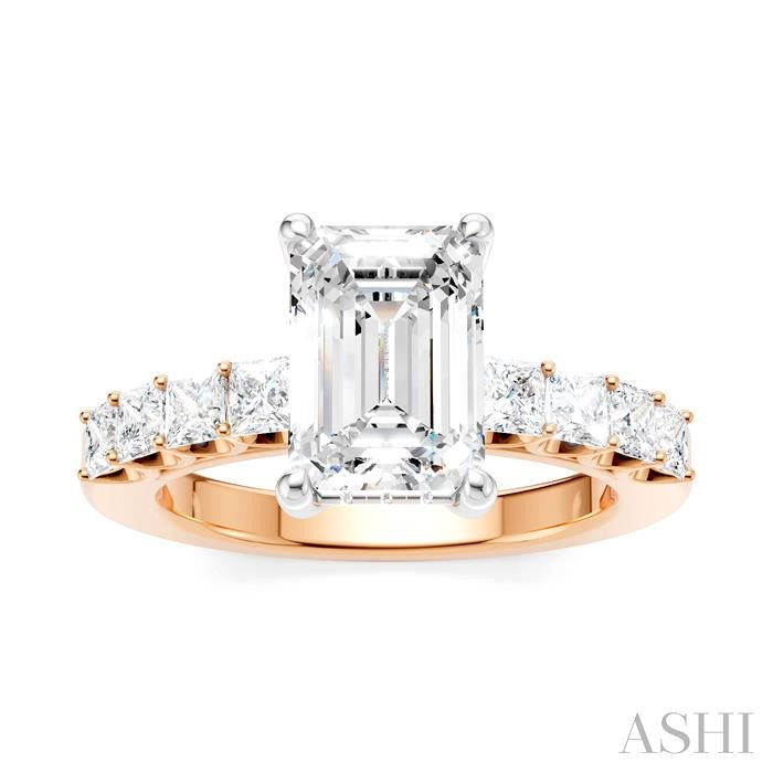 7/8 Ctw Emerald Shape Princess and Round Cut Diamond Semi-Mount Engagement Ring in 14K Rose and White Gold
