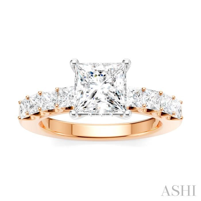 7/8 Ctw Princess Shape Princess and Round Cut Diamond Semi-Mount Engagement Ring in 14K Rose and White Gold