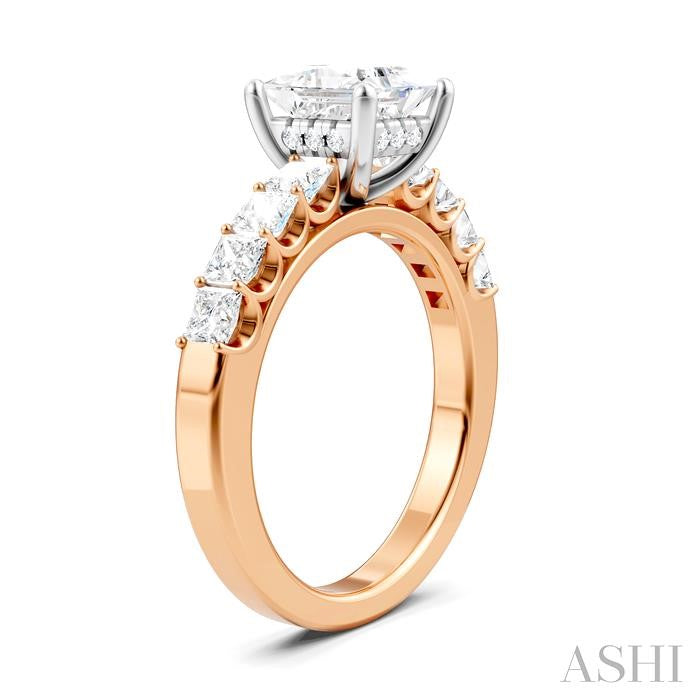 7/8 Ctw Princess Shape Princess and Round Cut Diamond Semi-Mount Engagement Ring in 14K Rose and White Gold