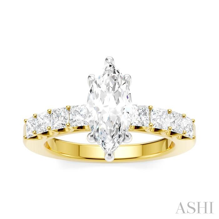 7/8 Ctw Marquise Shape Princess and Round Cut Diamond Semi-Mount Engagement Ring in 14K Yellow and White Gold