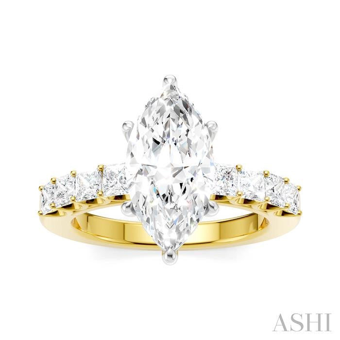 7/8 Ctw Marquise Shape Princess and Round Cut Diamond Semi-Mount Engagement Ring in 14K Yellow and White Gold