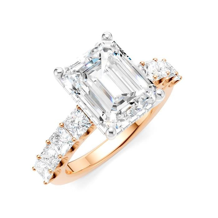 1 1/3 Ctw Emerald Shape Princess and Round Cut Diamond Semi-Mount Engagement Ring in 14K Rose and White Gold