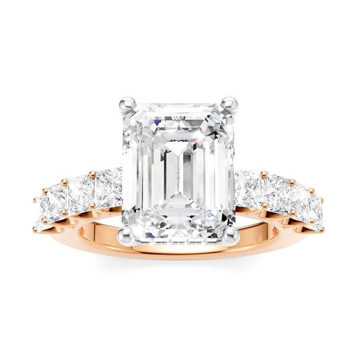 1 1/3 Ctw Emerald Shape Princess and Round Cut Diamond Semi-Mount Engagement Ring in 14K Rose and White Gold