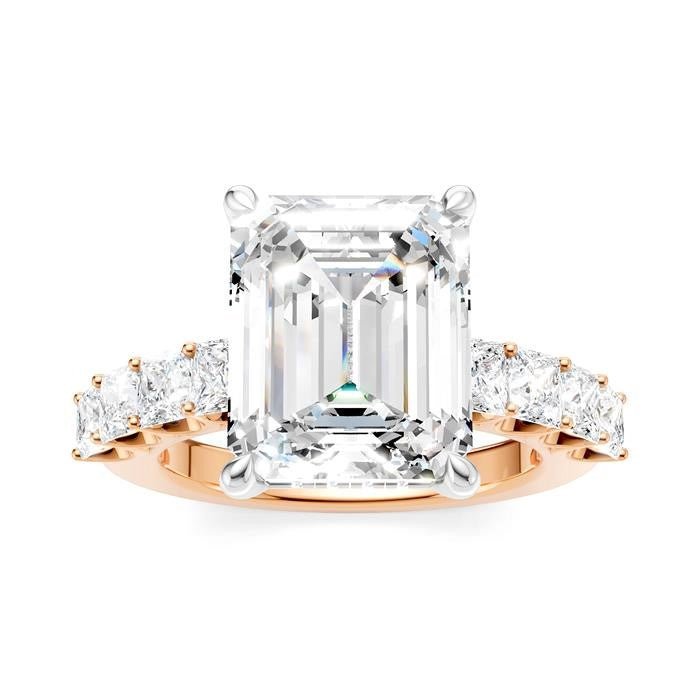 1 1/3 Ctw Emerald Shape Princess and Round Cut Diamond Semi-Mount Engagement Ring in 14K Rose and White Gold