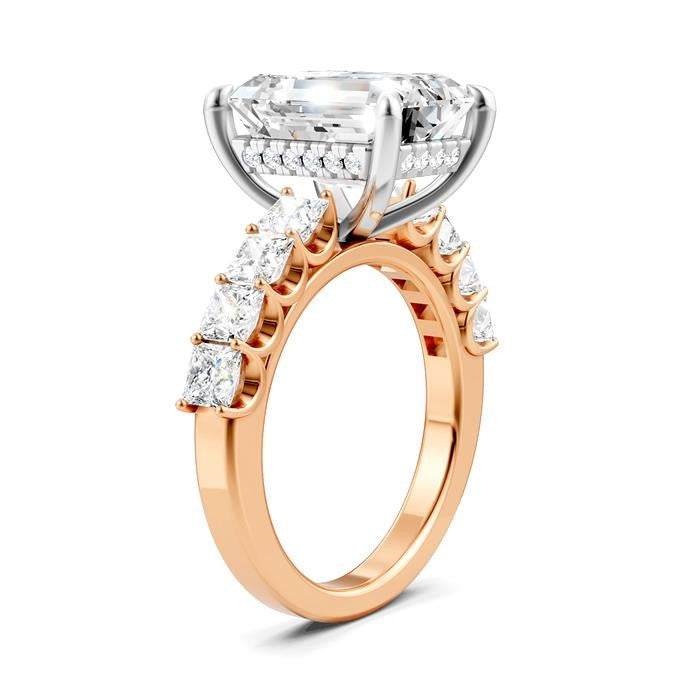 1 1/3 Ctw Emerald Shape Princess and Round Cut Diamond Semi-Mount Engagement Ring in 14K Rose and White Gold