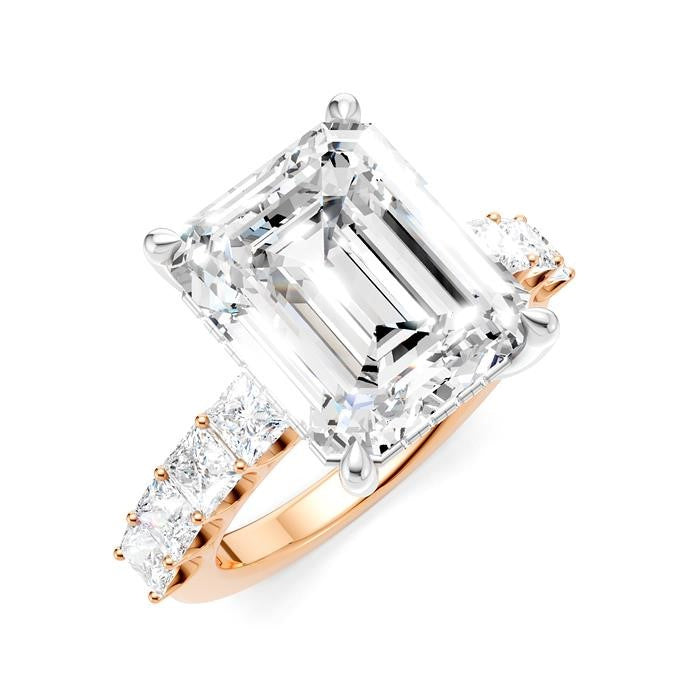 1 1/3 Ctw Emerald Shape Princess and Round Cut Diamond Semi-Mount Engagement Ring in 14K Rose and White Gold