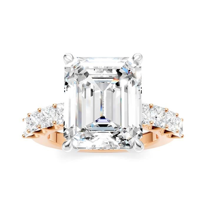 1 1/3 Ctw Emerald Shape Princess and Round Cut Diamond Semi-Mount Engagement Ring in 14K Rose and White Gold