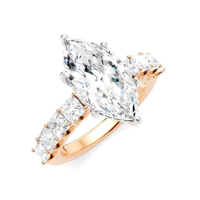 1 1/3 Ctw Marquise Shape Princess and Round Cut Diamond Semi-Mount Engagement Ring in 14K Rose and White Gold