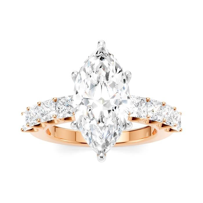 1 1/3 Ctw Marquise Shape Princess and Round Cut Diamond Semi-Mount Engagement Ring in 14K Rose and White Gold