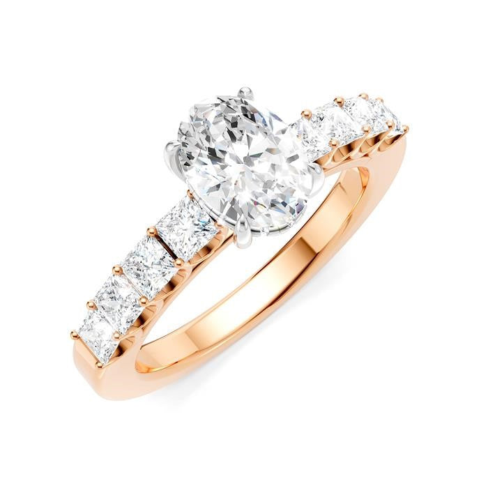 7/8 Ctw Oval Shape Princess and Round Cut Diamond Semi-Mount Engagement Ring in 14K Rose and White Gold