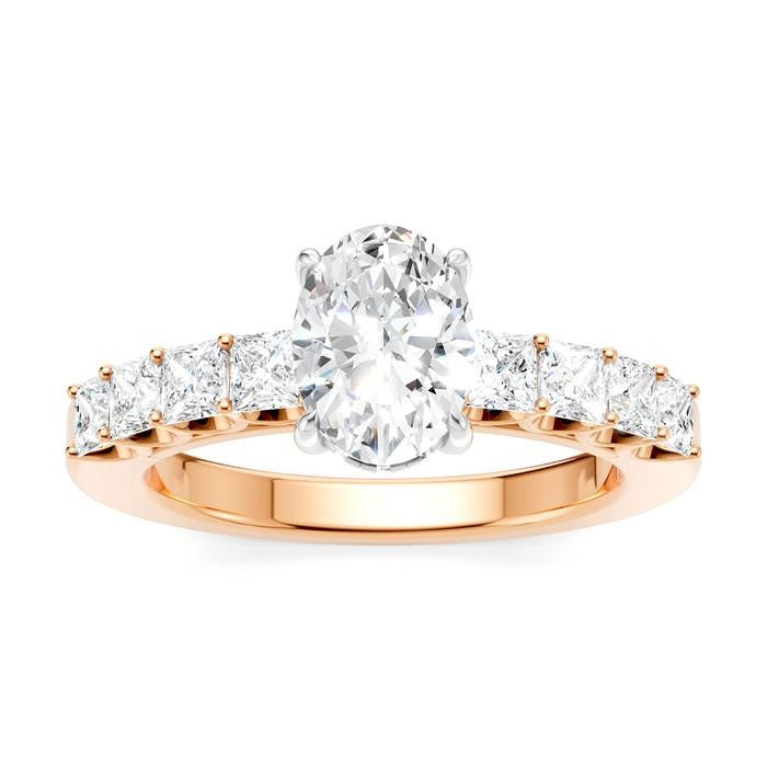 7/8 Ctw Oval Shape Princess and Round Cut Diamond Semi-Mount Engagement Ring in 14K Rose and White Gold