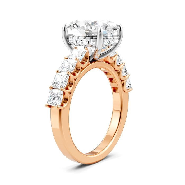 1 1/3 Ctw Oval Shape Princess and Round Cut Diamond Semi-Mount Engagement Ring in 14K Rose and White Gold