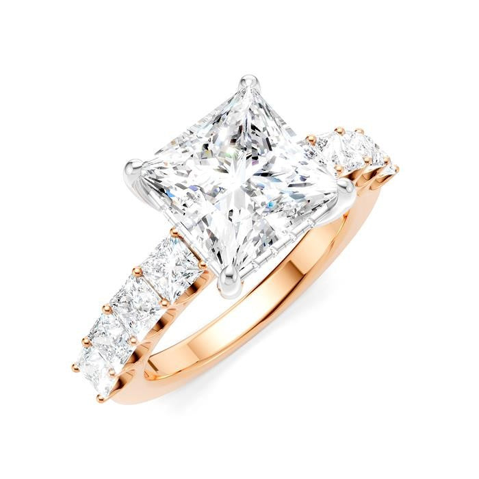 1 1/3 Ctw Princess Shape Princess and Round Cut Diamond Semi-Mount Engagement Ring in 14K Rose and White Gold