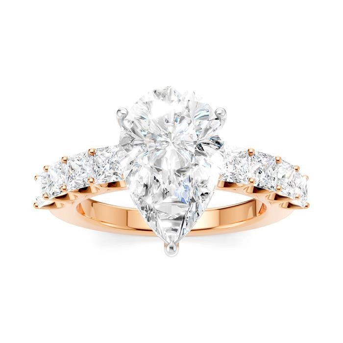 1 1/3 Ctw Pear Shape Princess and Round Cut Diamond Semi-Mount Engagement Ring in 14K Rose and White Gold
