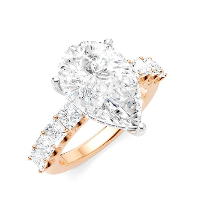 1 1/3 Ctw Pear Shape Princess and Round Cut Diamond Semi-Mount Engagement Ring in 14K Rose and White Gold