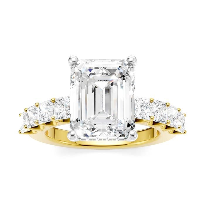 1 1/3 Ctw Emerald Shape Princess and Round Cut Diamond Semi-Mount Engagement Ring in 14K Yellow and White Gold