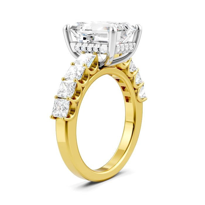 1 1/3 Ctw Emerald Shape Princess and Round Cut Diamond Semi-Mount Engagement Ring in 14K Yellow and White Gold