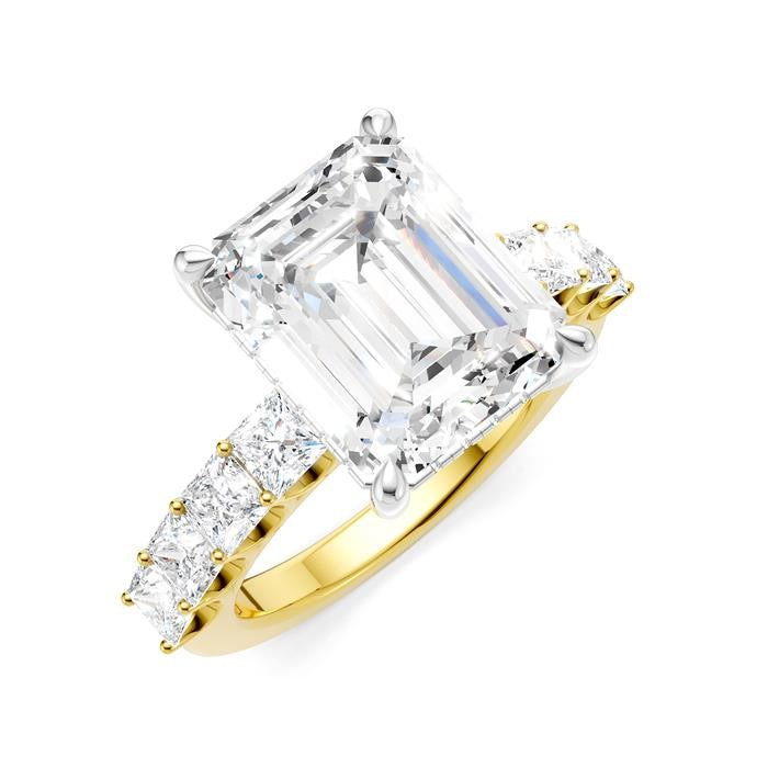 1 1/3 Ctw Emerald Shape Princess and Round Cut Diamond Semi-Mount Engagement Ring in 14K Yellow and White Gold