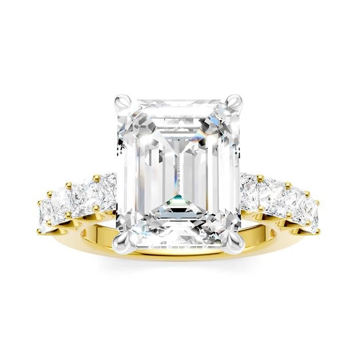 1 1/3 Ctw Emerald Shape Princess and Round Cut Diamond Semi-Mount Engagement Ring in 14K Yellow and White Gold