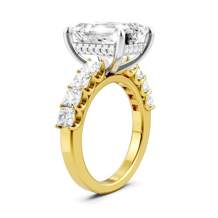 1 1/3 Ctw Emerald Shape Princess and Round Cut Diamond Semi-Mount Engagement Ring in 14K Yellow and White Gold