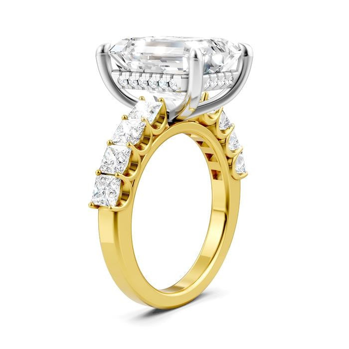 1 1/3 Ctw Emerald Shape Princess and Round Cut Diamond Semi-Mount Engagement Ring in 14K Yellow and White Gold