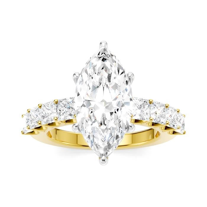 1 1/3 Ctw Marquise Shape Princess and Round Cut Diamond Semi-Mount Engagement Ring in 14K Yellow and White Gold
