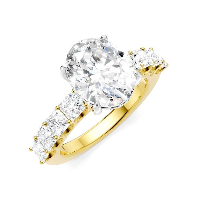 1 1/3 Ctw Oval Shape Princess and Round Cut Diamond Semi-Mount Engagement Ring in 14K Yellow and White Gold
