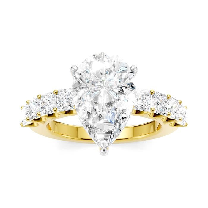 1 1/3 Ctw Pear Shape Princess and Round Cut Diamond Semi-Mount Engagement Ring in 14K Yellow and White Gold
