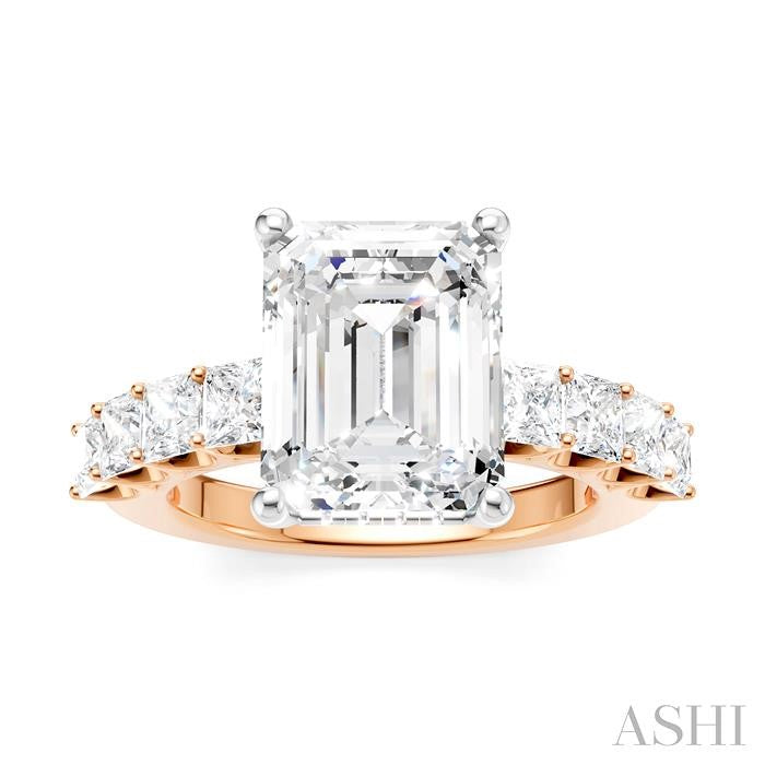 1 1/3 Ctw Emerald Shape Princess and Round Cut Diamond Semi-Mount Engagement Ring in 14K Rose and White Gold
