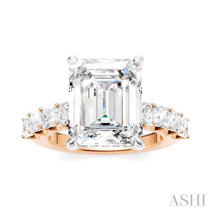 1 1/3 Ctw Emerald Shape Princess and Round Cut Diamond Semi-Mount Engagement Ring in 14K Rose and White Gold