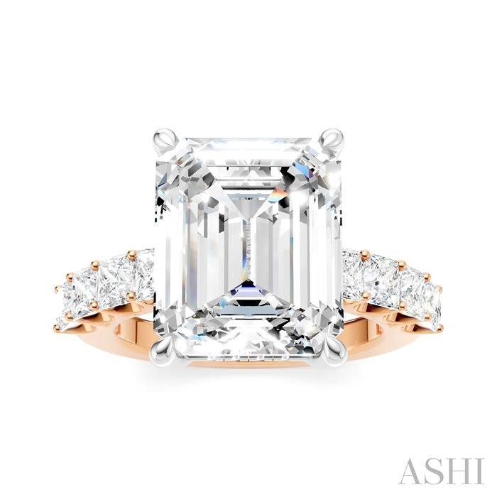 1 1/3 Ctw Emerald Shape Princess and Round Cut Diamond Semi-Mount Engagement Ring in 14K Rose and White Gold