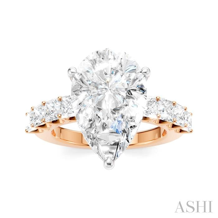 1 1/3 Ctw Pear Shape Princess and Round Cut Diamond Semi-Mount Engagement Ring in 14K Rose and White Gold