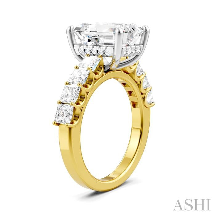 1 1/3 Ctw Emerald Shape Princess and Round Cut Diamond Semi-Mount Engagement Ring in 14K Yellow and White Gold
