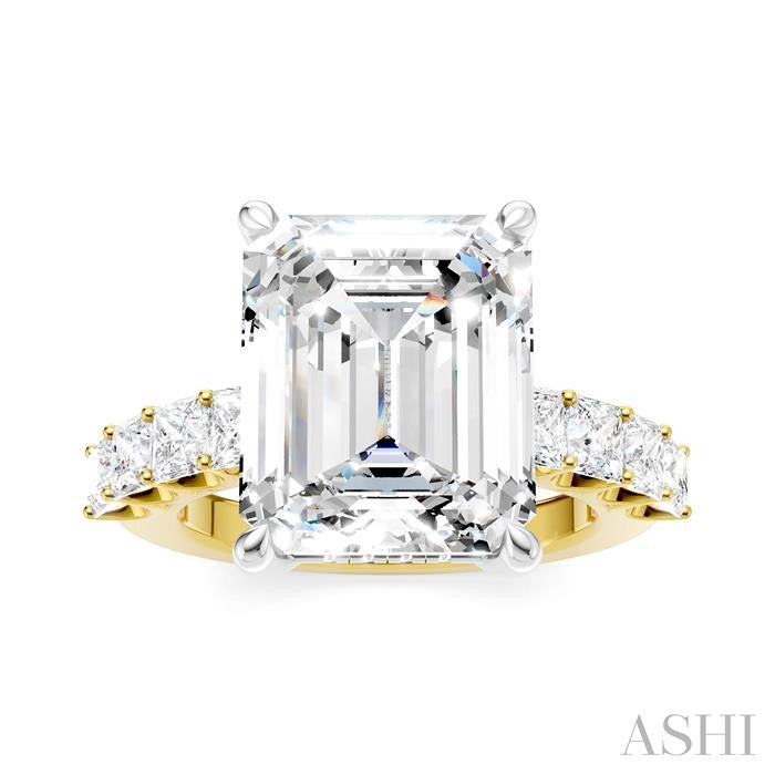 1 1/3 Ctw Emerald Shape Princess and Round Cut Diamond Semi-Mount Engagement Ring in 14K Yellow and White Gold