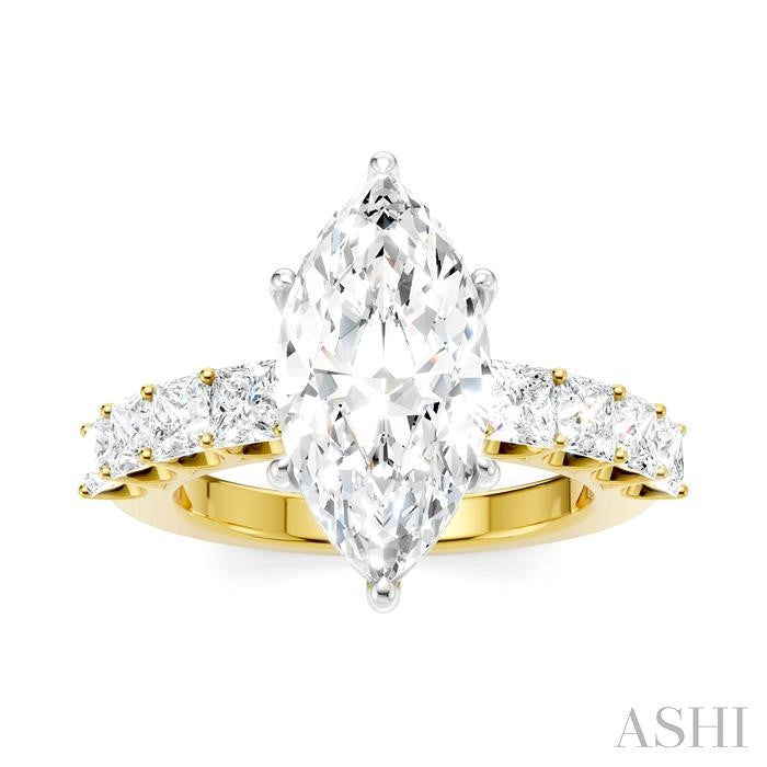 1 1/3 Ctw Marquise Shape Princess and Round Cut Diamond Semi-Mount Engagement Ring in 14K Yellow and White Gold