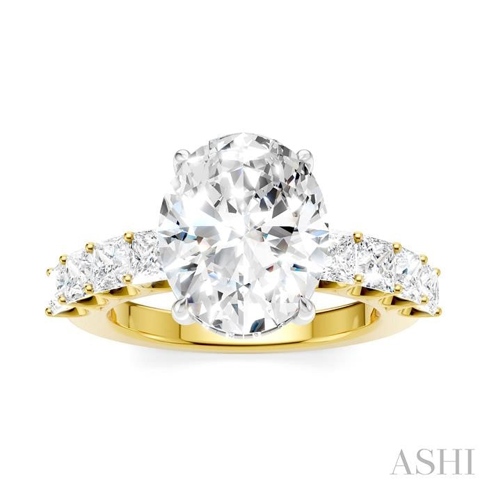 1 1/3 Ctw Oval Shape Princess and Round Cut Diamond Semi-Mount Engagement Ring in 14K Yellow and White Gold