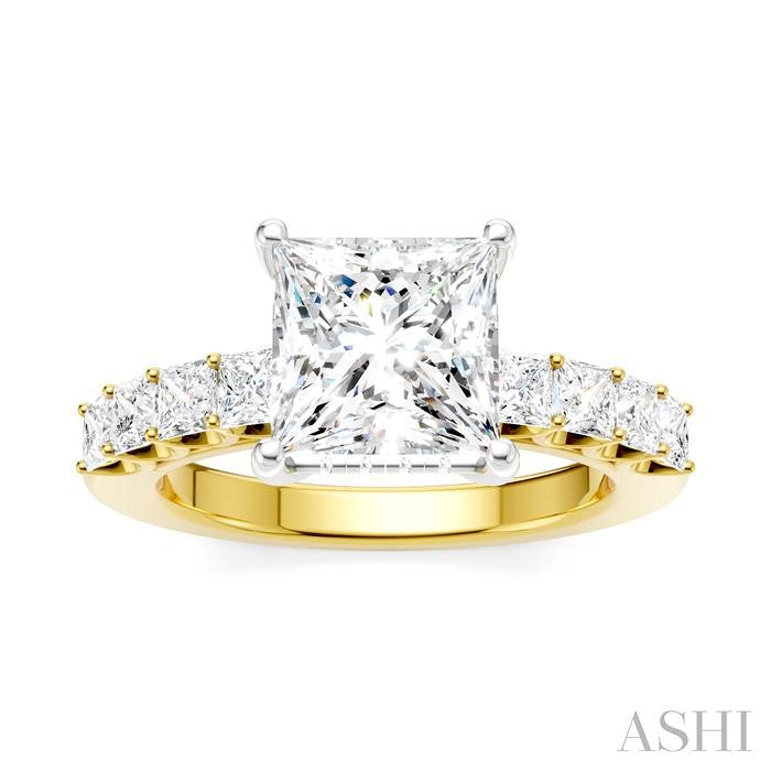 7/8 Ctw Princess Shape Princess and Round Cut Diamond Semi-Mount Engagement Ring in 14K Yellow and White Gold