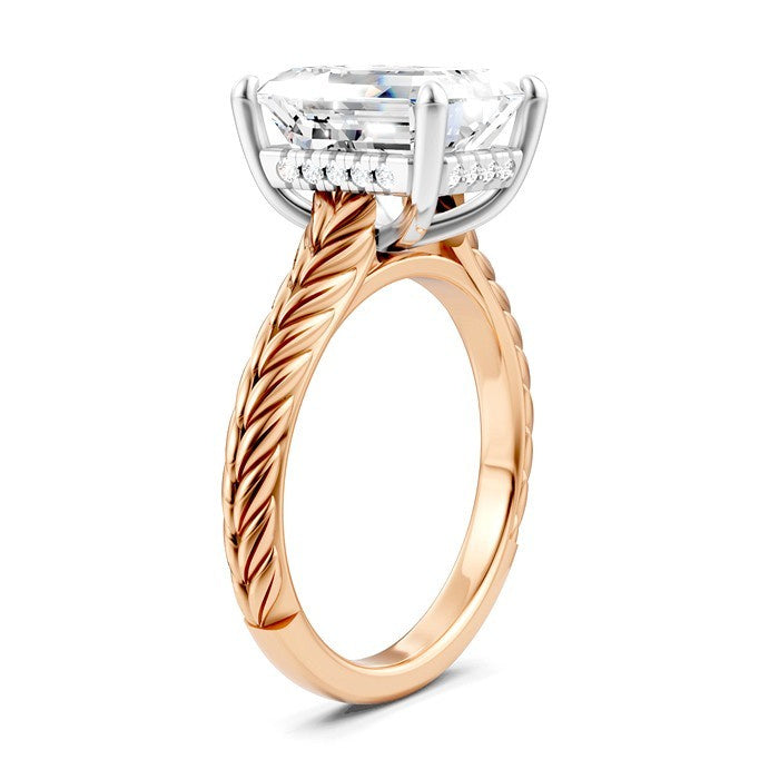 1/10 Ctw Emerald Shape Round Cut Diamond Akari Wheat Shank Semi-Mount Engagement Ring in 14K Rose and White Gold