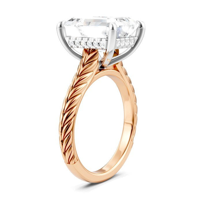 1/8 Ctw Emerald Shape Round Cut Diamond Akari Wheat Shank Semi-Mount Engagement Ring in 14K Rose and White Gold
