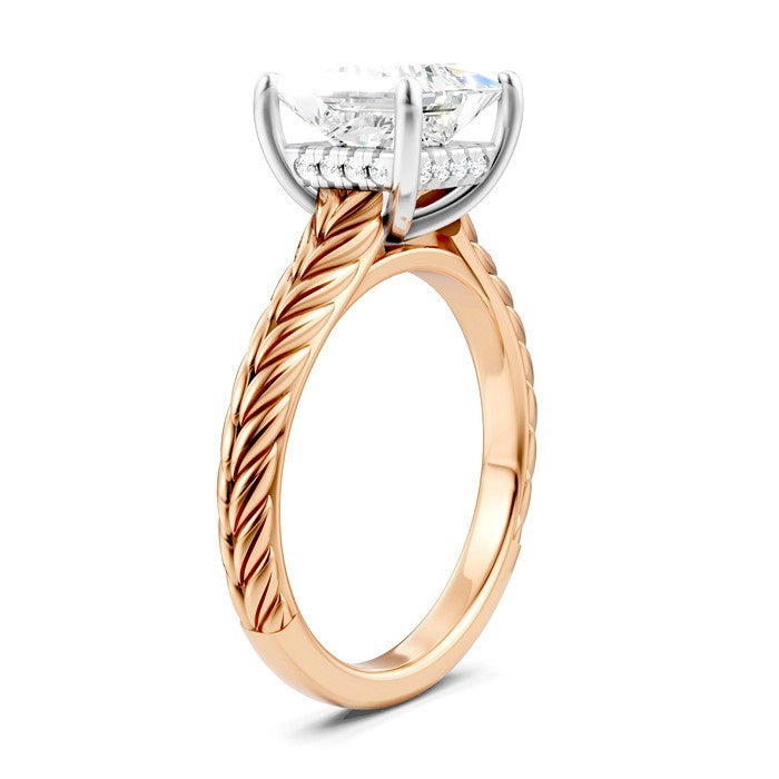 1/10 Ctw Princess Shape Round Cut Diamond Akari Wheat Shank Semi-Mount Engagement Ring in 14K Rose and White Gold