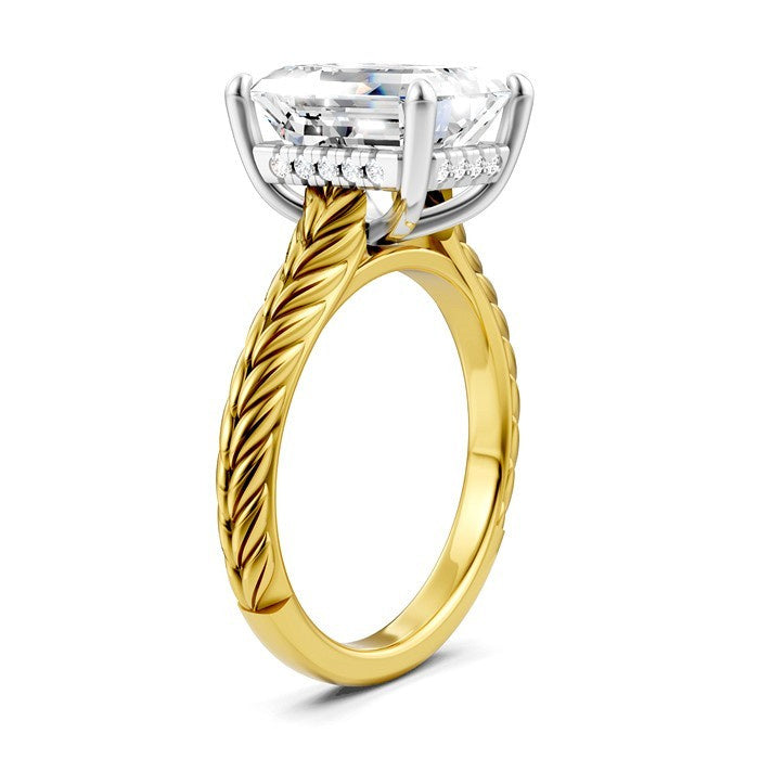 1/10 Ctw Emerald Shape Round Cut Diamond Akari Wheat Shank Semi-Mount Engagement Ring in 14K Yellow and White Gold