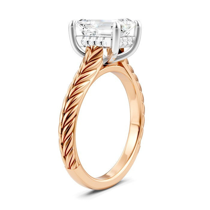 1/10 Ctw Emerald Shape Round Cut Diamond Akari Wheat Shank Semi-Mount Engagement Ring in 14K Rose and White Gold