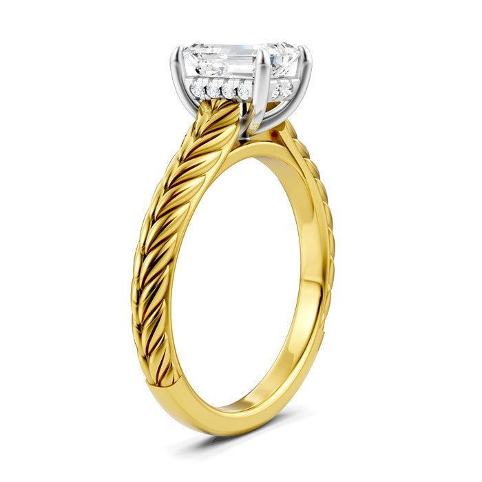 1/20 Ctw Emerald Shape Round Cut Diamond Akari Wheat Shank Semi-Mount Engagement Ring in 14K Yellow and White Gold