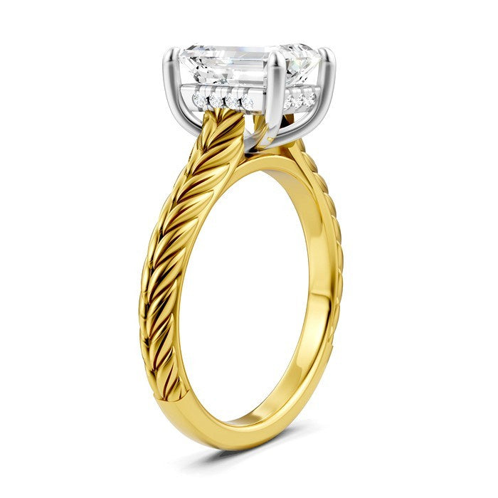 1/10 Ctw Emerald Shape Round Cut Diamond Akari Wheat Shank Semi-Mount Engagement Ring in 14K Yellow and White Gold