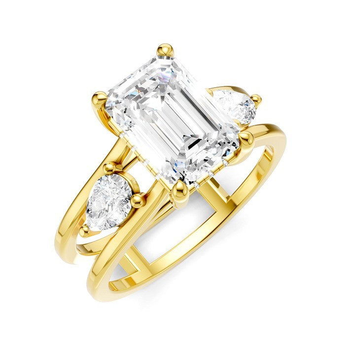 1/2 Ctw Akari Split Shank Emerald Shape Pear and Round Cut Diamond Semi Mount Engagement Ring in 14K Yellow Gold