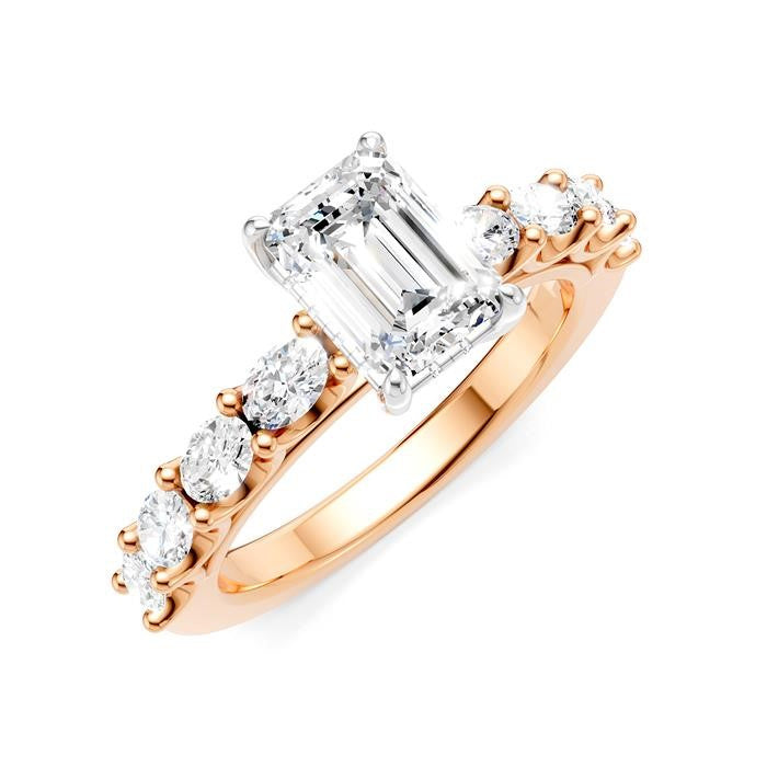 7/8 Ctw Emerald Shape Oval and Round Cut Diamond Semi-Mount Engagement Ring in 14K Rose and White Gold